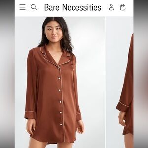 Bare Necessities Brown Satin Long-Sleeve Sleep Shirt with Contrast Piping